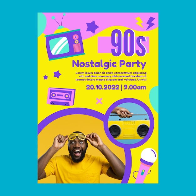 Modelo de cartaz de festa dos anos 90 desenhado à mão