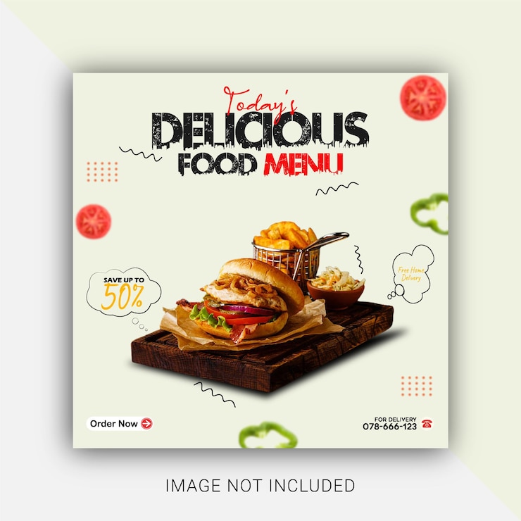 Modelo de cartaz de menu de hambúrguer e comida de mídia social delicioso