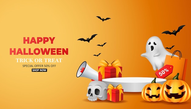 Modelo de cartaz de promoção de venda de halloween com saco de compras fantasma fofo de abóbora e site de caixa de presente