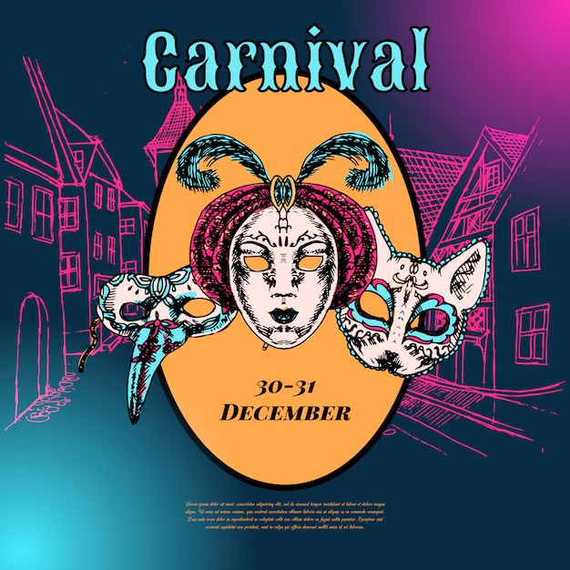 Modelo de cartaz de publicidade do ano novo carnaval evento mostrar com estilo veneziano mache de papel máscaras cor ilustração vetorial