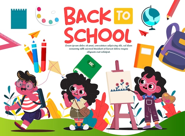 Modelo de cartaz de volta à escola elementos educativos dinâmicos e engraçados para crianças