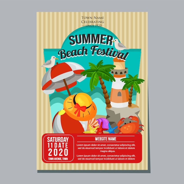 Modelo de cartaz do feriado do verão praia festival ilustração em vetor farol marinho