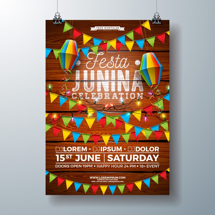 Vetor modelo de cartaz festa festa junina design com bandeiras e lanterna de papel
