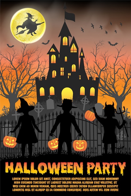 Modelo de cartaz ou panfleto de festa de halloween com castelo assombrado e crianças