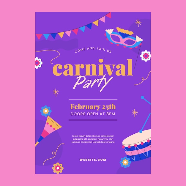 Modelo de cartaz vertical de celebração plana de carnaval