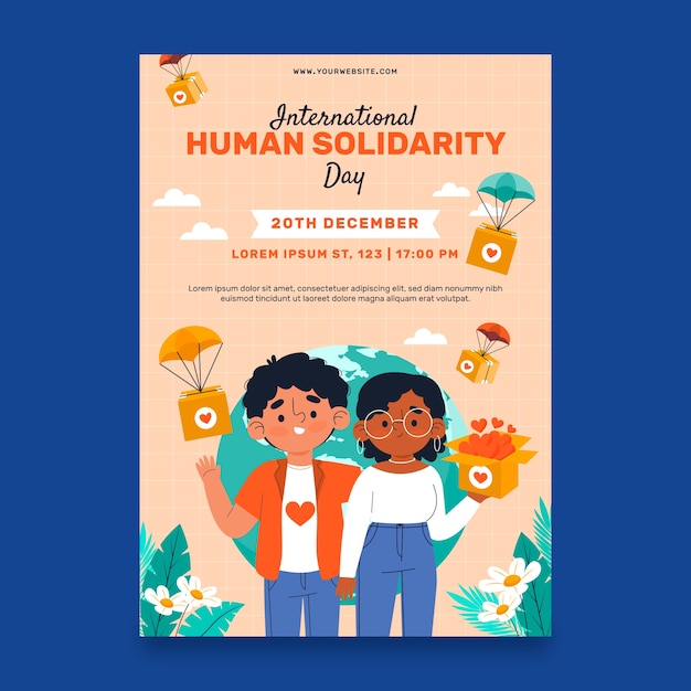 Vetor modelo de cartaz vertical de dia internacional da solidariedade humana plana