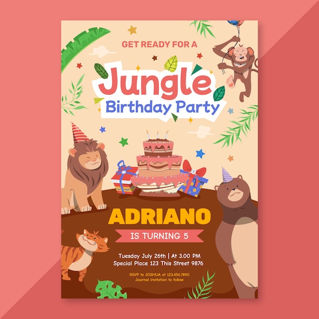 Vetor modelo de cartaz vertical de festa de aniversário de selva plana