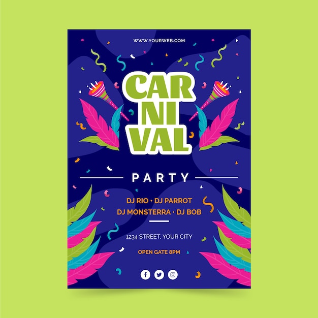 Modelo de cartaz vertical de festa de carnaval plano