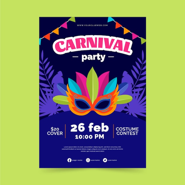Modelo de cartaz vertical de festa de carnaval plano