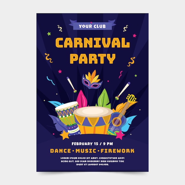 Modelo de cartaz vertical de festa de carnaval plano