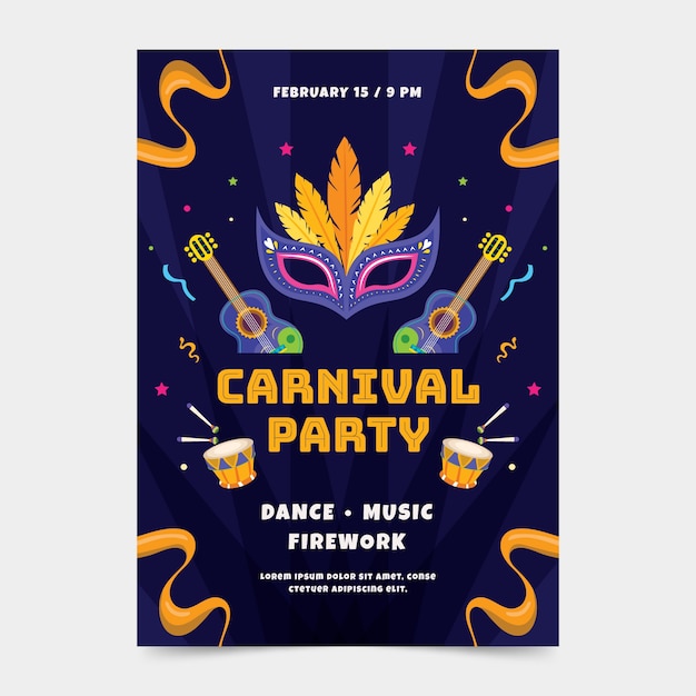 Modelo de cartaz vertical de festa de carnaval plano