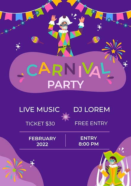 Modelo de cartaz vertical de festa de carnaval plano