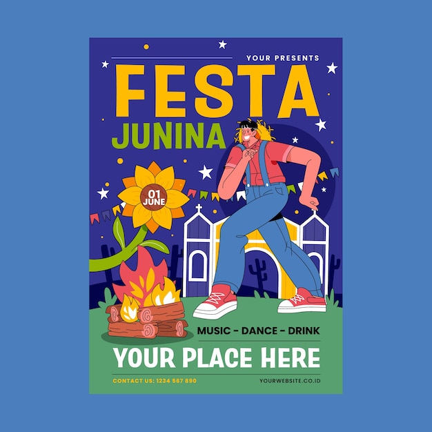 Modelo de cartaz vertical de festas juninas brasileiras desenhado à mão