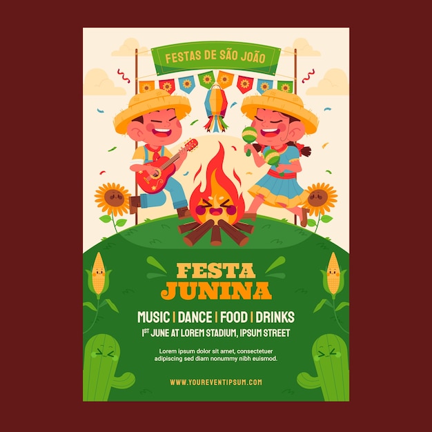 Vetor modelo de cartaz vertical de festas juninas brasileiras planas