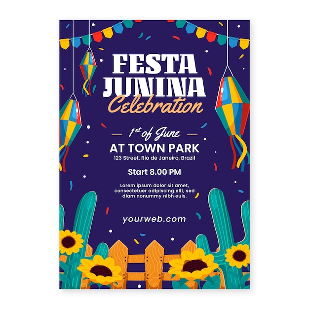 modelo de cartaz vertical de festas juninas brasileiras planas