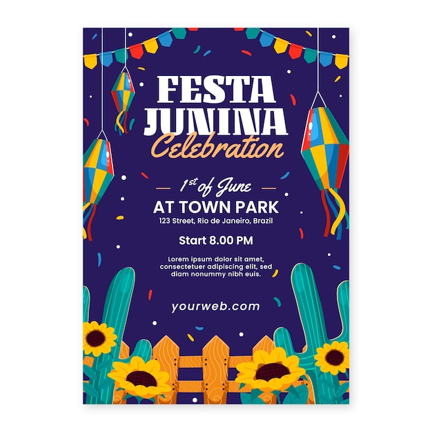 Modelo de cartaz vertical de festas juninas brasileiras planas