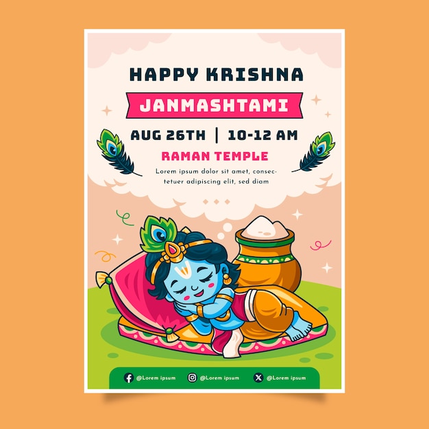 Modelo de cartaz vertical de janmashtami desenhado à mão