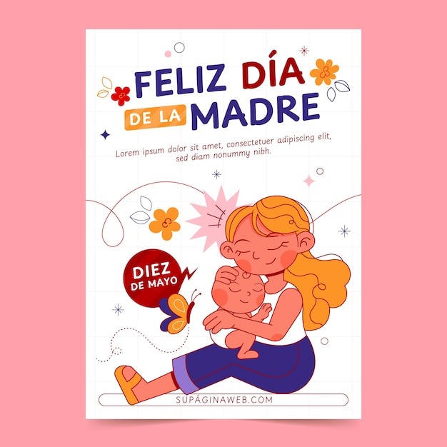 Vetor modelo de cartaz vertical desenhado à mão para a celebração do dia da mãe em espanhol