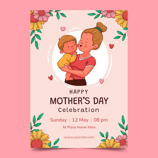 Modelo de cartaz vertical desenhado à mão para a celebração do Dia da Mãe