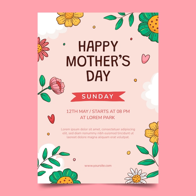 Modelo de cartaz vertical desenhado à mão para a celebração do Dia da Mãe