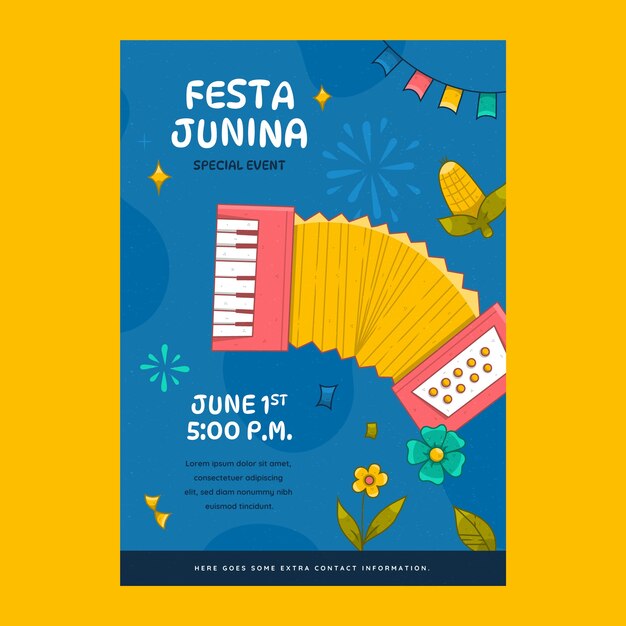 Modelo de cartaz vertical desenhado à mão para festividades brasileiras de festas juninas