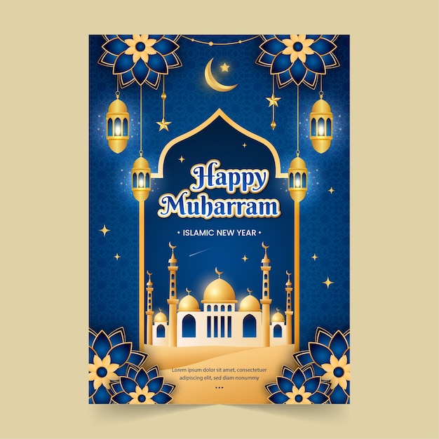 Modelo de cartaz vertical gradiente para celebração do ano novo islâmico
