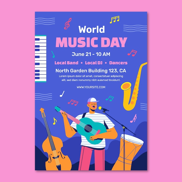 Modelo de cartaz vertical para a celebração do Dia Mundial da Música