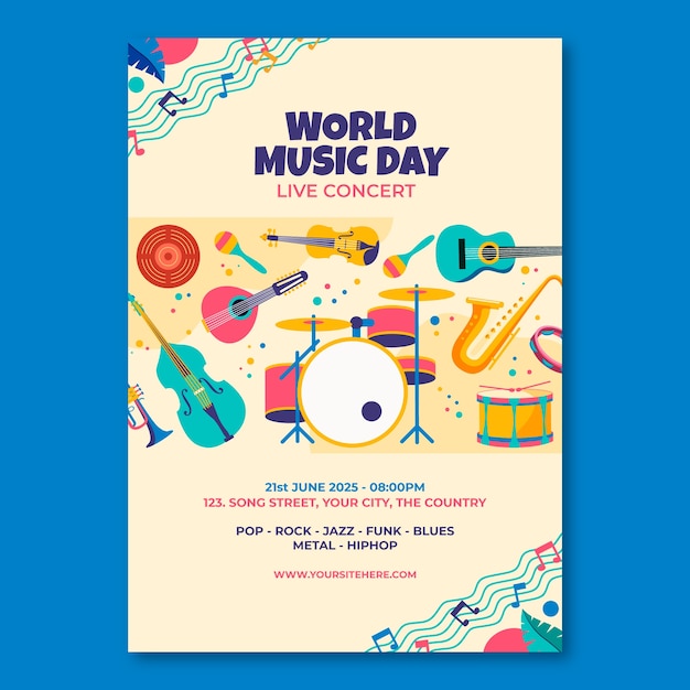 Modelo de cartaz vertical para a celebração do Dia Mundial da Música