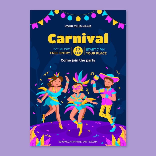 Modelo de cartaz vertical para celebração de festa de carnaval