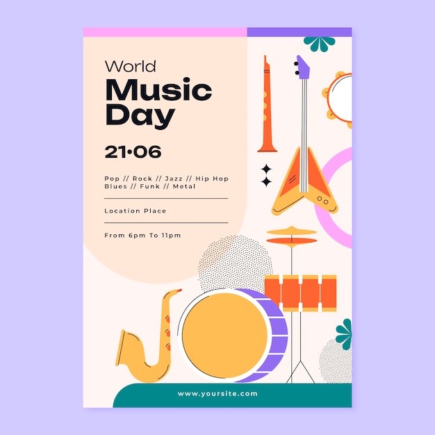 Modelo de cartaz vertical plano para a celebração do Dia Mundial da Música
