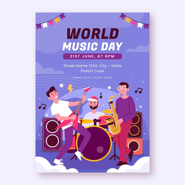 Modelo de cartaz vertical plano para a celebração do Dia Mundial da Música