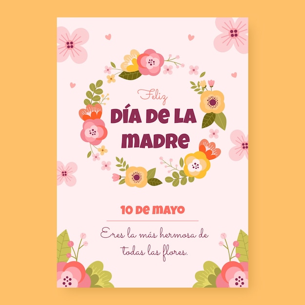 Vetor modelo de cartaz vertical plano para celebração do dia da mãe em espanhol