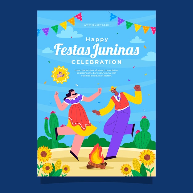 Modelo de cartaz vertical plano para festas juninas brasileiras