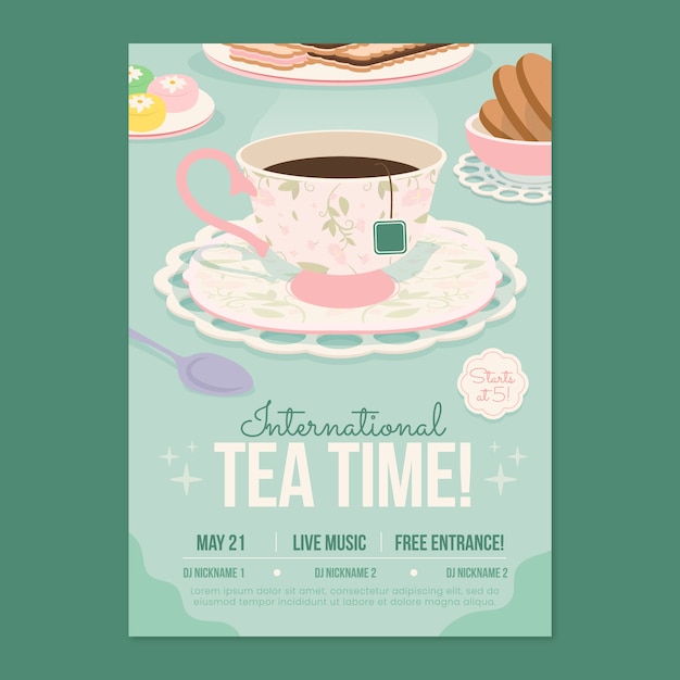 Vetor modelo de cartaz vertical plano para o dia internacional do chá