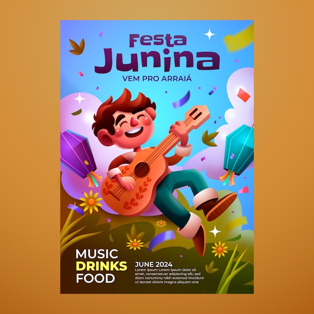 Vetor modelo de cartaz vertical realista das festas juninas brasileiras