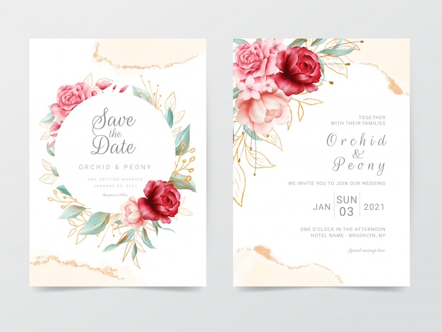 Modelo de cartões de convite de casamento com moldura de flores e aquarela