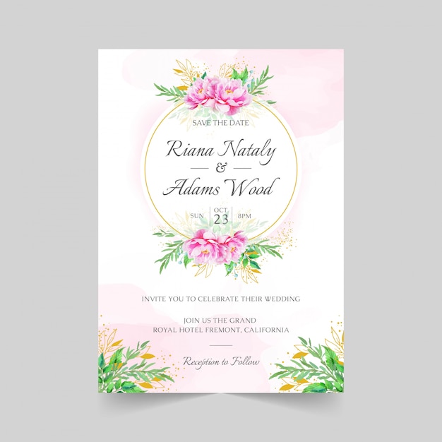 Modelo de cartões de convite de casamento elegante com aquarela decoração floral