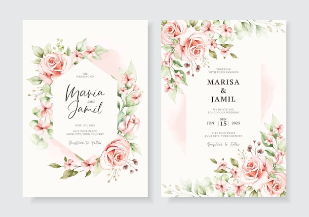 Modelo de cartões de convite de casamento elegantes com decoração floral em aquarela