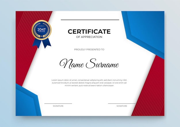 Vetor modelo de certificado azul e dourado. curso online moderno, diploma, design de certificado de treinamento corporativo