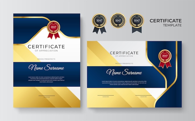 Modelo de certificado azul moderno e borda para diploma de prêmio e impressão certificado elegante azul e dourado de modelo de conquista com crachá de ouro e borda