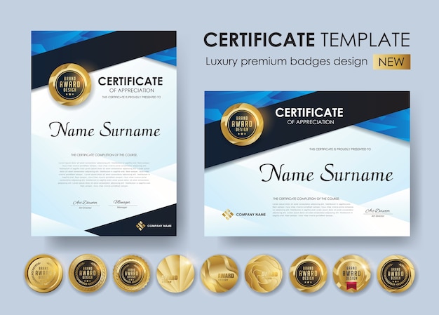 Modelo de certificado com design de emblemas de luxo e premium