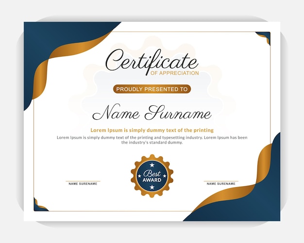Modelo de certificado de apreciação de fundo criativo com formas abstratas de luxo e layout moderno