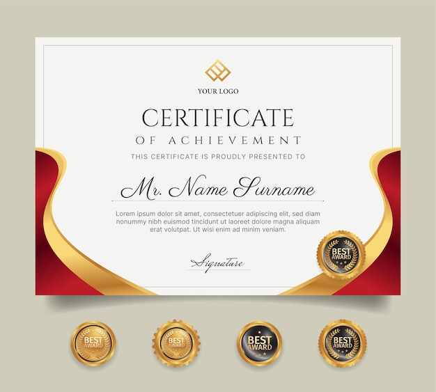 Modelo de certificado de certificado de conquista em vermelho e dourado