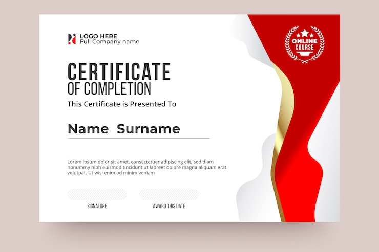 Vetor modelo de certificado de conclusão online. cor vermelha e branca, design claro e estilo internacional. edite e substitua facilmente o nome. eps10 do vetor pronto para imprimir.