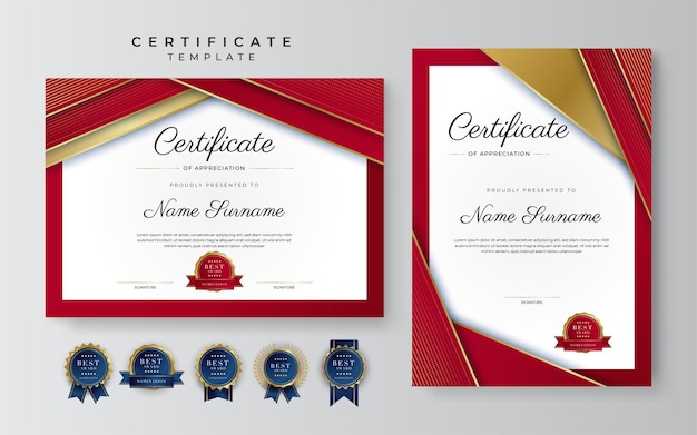 Modelo de certificado de conquista vermelho e dourado elegante moderno com crachá de ouro e borda Projetado para fundo de escola de universidade de negócios de prêmio de diploma e corporativo
