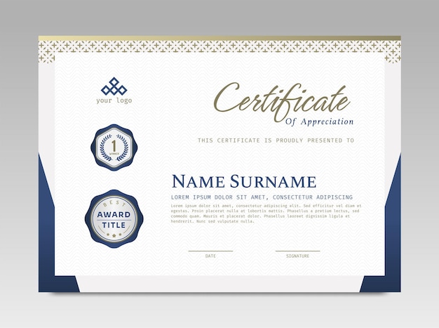 Modelo de certificado de design moderno com simples elegante e luxuoso em tamanho A4 horizontal