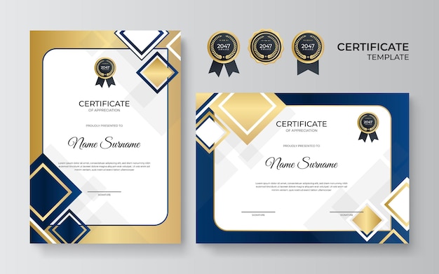 Modelo de certificado de diploma azul e dourado elegante