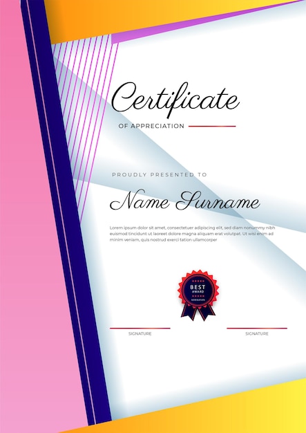 Modelo de certificado de diploma colorido elegante moderno certificado de modelo de fronteira de conquista com distintivo de luxo e padrão de linha moderno para necessidades de negócios e educação de prêmios