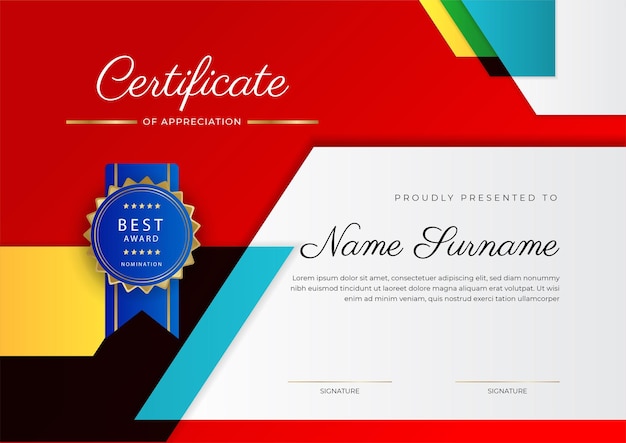Modelo de certificado de diploma colorido elegante moderno certificado de modelo de fronteira de conquista com distintivo de luxo e padrão de linha moderno para necessidades de negócios e educação de prêmios