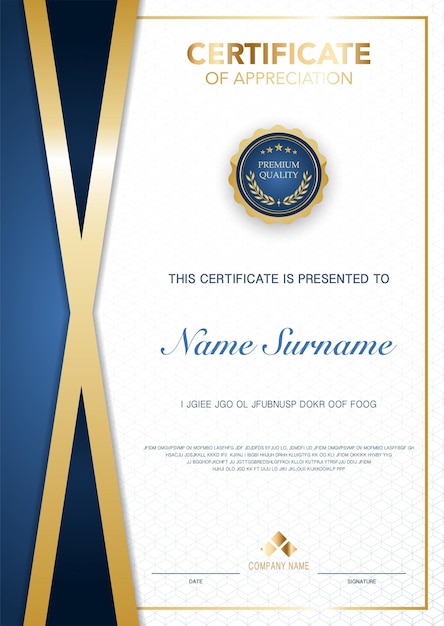 Vetor modelo de certificado de diploma de cor azul e dourado com imagem vetorial de estilo moderno e de luxo adequada